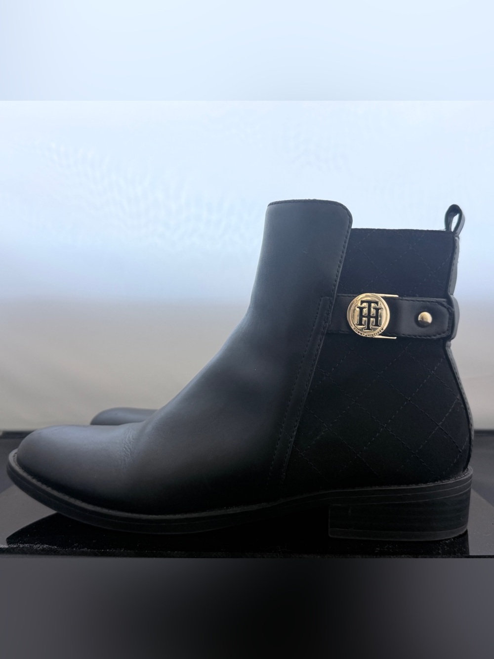 Tommy Hilfiger Black Quilted Chelsea Ankle Boots with Gold Logo